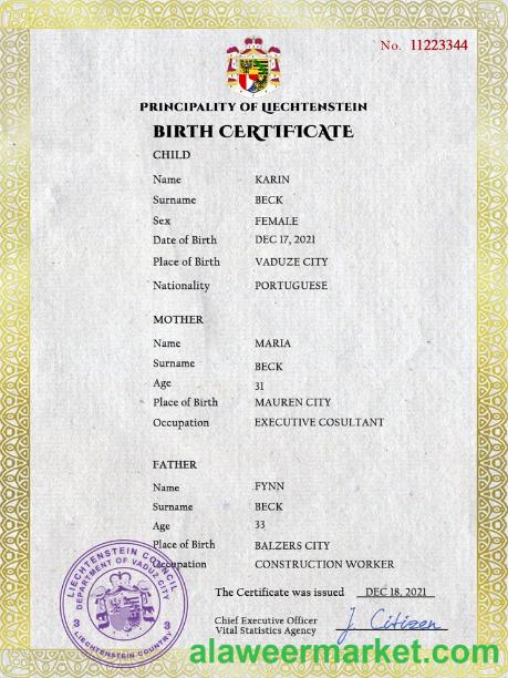 Liechtenstein vital record birth certificate PSD template